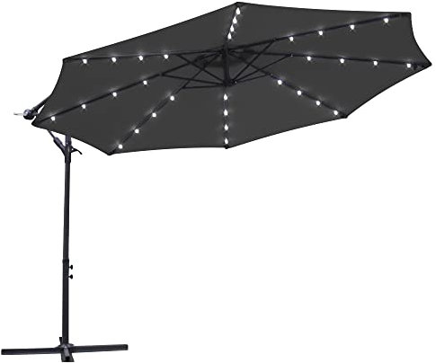 Green Bay 3M Black Cantilever Banana Parasol with Crank Handle and LED Lights for Outdoor Garden Sun Shade