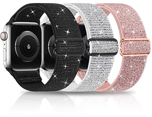 HPJK 3 Packs Glitzer Sport Loop Armband Kompatibel mit Apple watch 41mm 40mm 38mm, Nylon Geflochten Elastische Ersatzband für iWatch Series 7 6 5 4 3 2 1 SE, 41mm 40mm 38mm Schwarz/Rosa/Silber-W