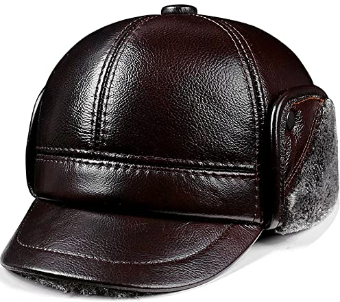 JIARY Mütze Herren,Wintermütze aus Leder mit Ohrenklappenfür,Leder Fliegermützen Mit Ohrenschutz Winter Mützen Warm Kappe,Dark Brown b,XL
