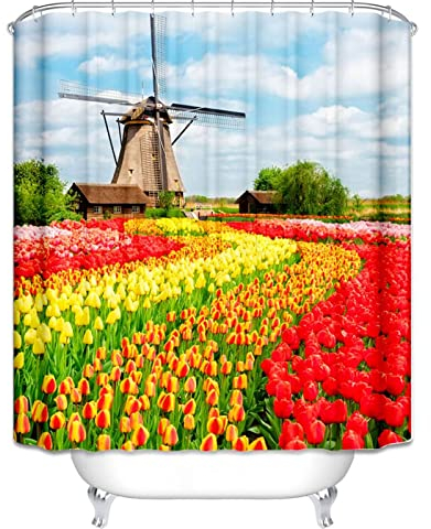 EHOMERY Duschvorhang Für Duschkabine Duschrollo Für Fenster Wasserabweisend Windmühlenblume Duschvorhang Für Duschkabine Duschrollo Textil Polyester Rostfreie Ösen Und 12 Hakenringe, 120X180Cm