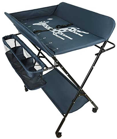 Table a Langer Pliante, Table à Langer Réglable en Hauteur avec Panier de Rangement, Ceinture de Sécurité et 4 Roues avec Frein-Diverses couleurs (Bleu foncé)