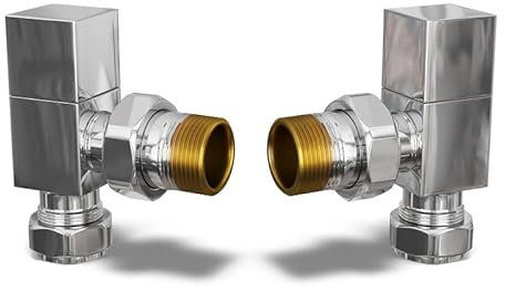 UK Radiators Square Chrome Radiator Valve Pair - Chrome Polished Finish - Classy and Modern Design 1/2 x 15mm Angled Radiator Valve Pair - Pair of Valves