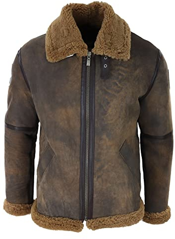 TruClothing.com Herren Lederjacke Braun Schafsleder Jacke Echtes Schaffell Fliegen Kamel Pelz Zipped Klassisch Winter - braun L