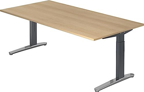bümö manuell höhenverstellbarer Schreibtisch 200x100 in Eiche, Gestell in Graphit/alu - PC Tisch höhenverstellbar & groß, höhenverstellbarer Tisch Büro, großer Computertisch verstellbar