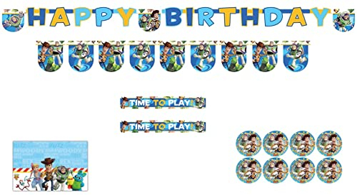 ALMACENESADAN 4673, Pack fiesta cumpleaños Toy story para 8 niñas mantel, platos, banderines, carteles y 2 guirnaldas (8435510346737)