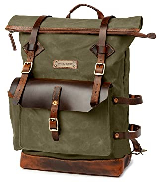 DRAKENSBERG Rolltop Rucksack 'Adam' aus gewachstem Canvas mit Leder, wasserabweisend - handwerkliche Perfektion, bis 30L - Wald-Grün, DR00627