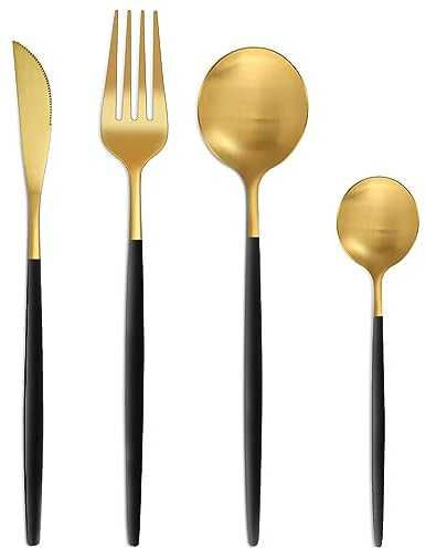 Bestdin Set de couverts 6 personnes, 24 pieces Couverts Noir Or Mat, Set de couverts avec couteau fourchette cuillère, Set de couverts en acier inoxydable de haute qualité, lavable au lave-vaisselle