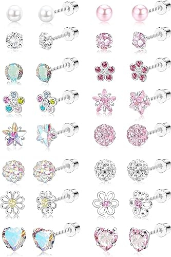 Diamday 16Paare Kleine Ohrstecker Set Hypoallergen Damen Mädchen Chirurgenstahl Bunt CZ Herz Blume Schraubverschluss Piercing Ohrringe Flachem Rücken Ohrstecker Mehrfarbig Niedlich Knorpel Ohrringe