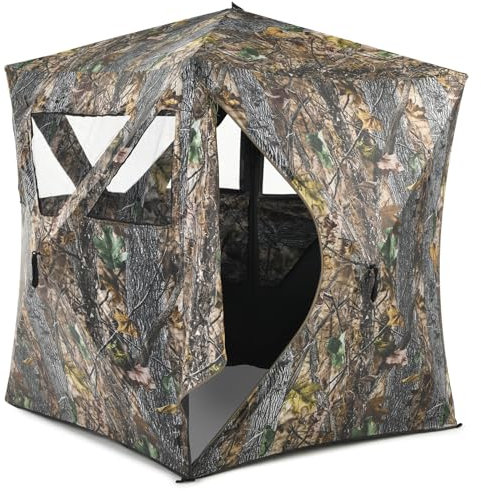 COSTWAY Persiana Portátil para 3 Personas, Estor de Caza en el Suelo con Estacas y Bolsa de Transporte, para Cazar Ciervos, Camuflaje de Madera Auténtica