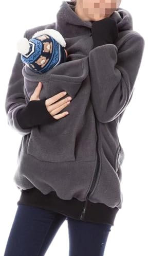 ALSUP Veste De Portage pour Maman Et Bébé, 3 en 1 Porte-Bébé Maternité Polaire Sweats À Capuche Femme Kangourou Pullover Sweat-Shirt,Gris,M