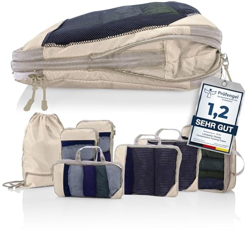 Packtaschen Kompression für Koffer und Rucksack [7-teilig] mit Packbeutel - mehr Platz im Koffer oder Backpack durch Kompression – Packwürfel Kompression für deine Reise Ausrüstung (beige)
