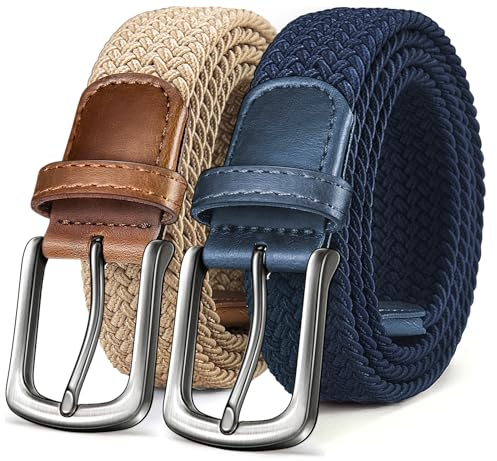 KEMISANT Gürtel Herren 2er, Elastischer Flechtgürtel Damen Herren Stoffgürtel Geflochten Stretchgürtel Golfgürtel 35mm(Beige/Antikblau,115cm/36-40 taille verstellbar)