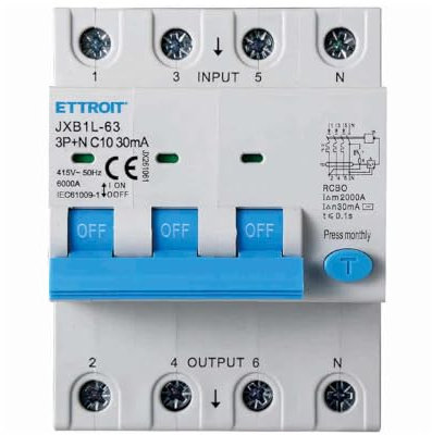 Interruttore Magnetotermico Differenziale Trifase 30mA, 3P+N 6KA 380V, Occupa 4 Moduli DIN, RCBO 3P+N 30mA C10 10A