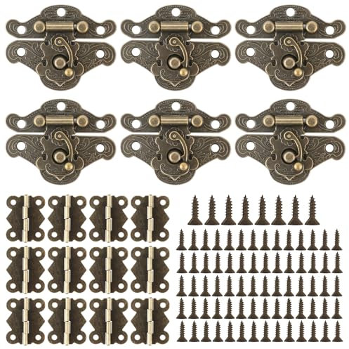 6 Sets Antike Dekorative Haspe Scharniere Klein, Retro Haspen Riegel, Kleine Scharniere Dekorativer Holzschmuck, Vintage Scharnier mit 12 Stück Butterfly Scharniere und 78 Stück Schrauben