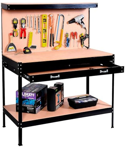 Avilia Werkbank mit Schublade und 2 Ablagen - Arbeitstisch für Garage und Werkstatt, aus MDF, mit Haken und Lochplatte, aus Stahl und MDF, 150 x 120 x 60 cm