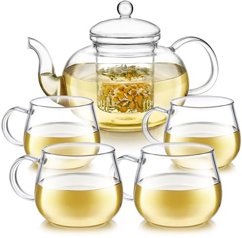 Teabloom Hitzebeständiges Glas-Teekannen-Set mit herausnehmbarem Tee-Ei (Standardgröße: 946 ml) und vier Teetassen aus Borosilikatglas (207 ml) – bleifreies Blüten Glas-Teeservice
