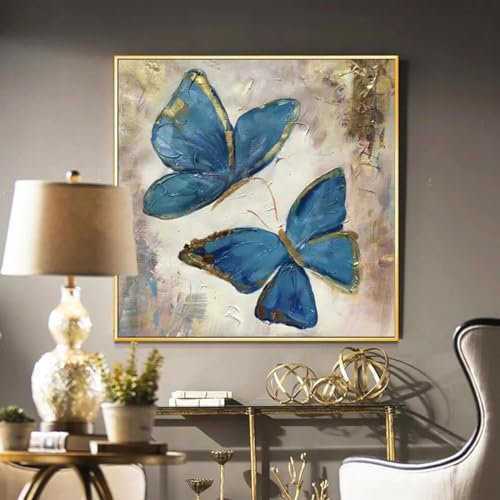 CHAOJIART Abstraktes goldenes blaues Schmetterlingsbild, Wandplakat, moderner Leinwanddruck, Ölgemälde, nordische Wohnzimmerdekoration, Cuadros, 65 x 65 cm, rahmenlos