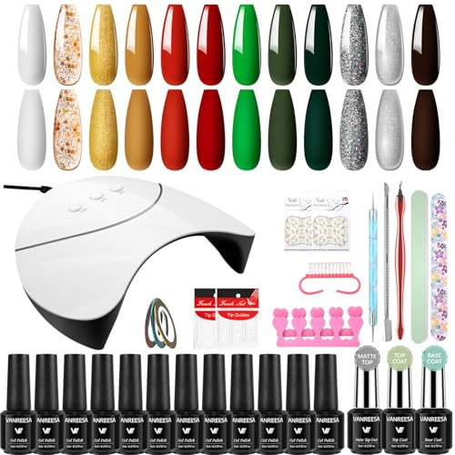 VANREESA Gel Nail Kit, 12 Colours Gel Nail Polish Set with Lamp Starter Kit Gold Red Green Gels Polish Set Manicure Tools Nails Salon DIY at Home Gifts for Women