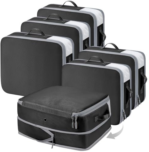 Homsorout Space Saving Compression Organisers - Set of 6, Expandable Storage Bags for Bedding & Clothing Large Capacity Compressible Packing Cubes with Clear Window, Black