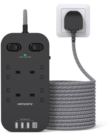 HANYCONY Black Extension Lead, 3M, 4 Outlets, 4 USB (1 USB-C), Surge Protected, Double Switches, 10Ft Braided Cord, Office/Home