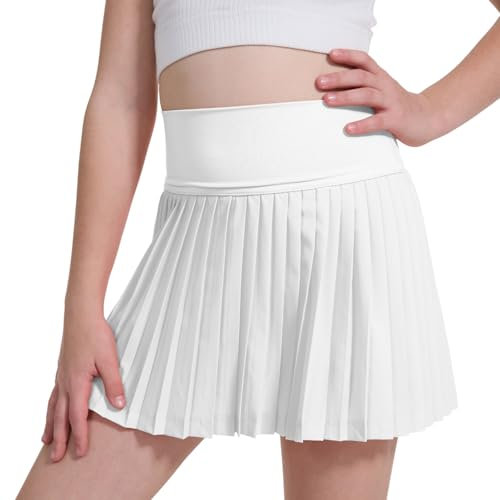 zffriction Röcke Mädchen Tennisrock mit Taschen Innenhose Kinder Golf Skorts Plissierter Skater Sportrock Minirock Schuluniform (DE/NL/SE/PL, Alter, 8 Jahre, 9 Jahre, Regular, Weiß)