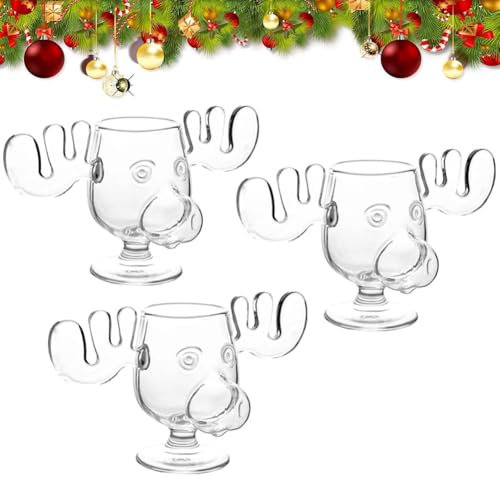 Weihnachtliche Eierlikör-Elch-Tasse, Weihnachtsurlaub-Elch-Glas, sichere Verpackung, transparent, 240 ml, Kaffeetassen, Geschenke für Familie und Freunde (3 Stück)