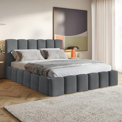 MOTIVENA Nunu Bubble Bett 120x200 Grau Samt, mit Stauraum, mit Kopfteil, mit Lattenrost, ohne Füße, ohne Matratze, Bubble Polsterbett 120x200 mit Bettkasten Grau (Anthrazit)