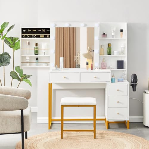 CLIPOP Schminktisch mit LED-Beleuchtung,3 Farben,Einstellbarer Helligkeit,Frisiertisch mit Steckdose und Hocker,Versteckter ausziehbarer Schrank,Kosmetiktisch mit 5 Schubladen und 6 offenen Fächern
