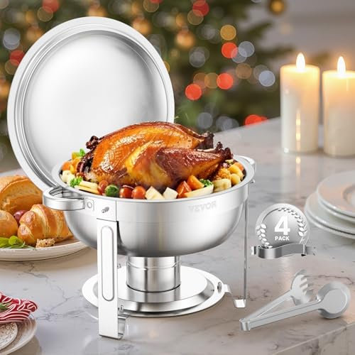 VEVOR Chafing Dish Buffet Set, 5 Qt 4 Pack, Stainless Steel Chafer with 4 Full Size Pans, Round Catering Warmer Server with Lid Water Pan Folding Stand Clip, for Weddings Parties Banquets, Silver