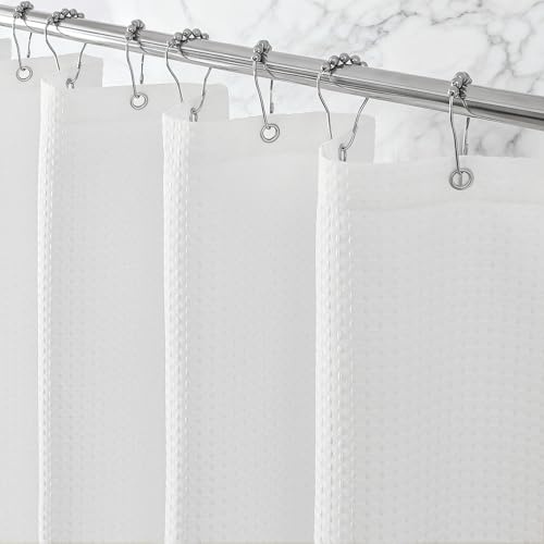 Zemyovia Wasserdichter Waffel Duschvorhang Textil 180 x 180 cm, 260 GSM Hochwertiger Schwerer Stoff, Anti-Schimmel Badevorhang mit 12 Edelstahlhaken, Luxus Hotel Spa Stil, Maschinenwaschbar, Weiß