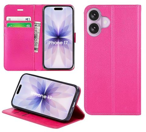 DN-Technology for iPhone 17 Case Flip Premium Leather Wallet Book Magnetic Closure Kickstand Folio Card Holder Slots Protective Phone Cover (PINK) - (iPhone 17 6.3 inch 2025)