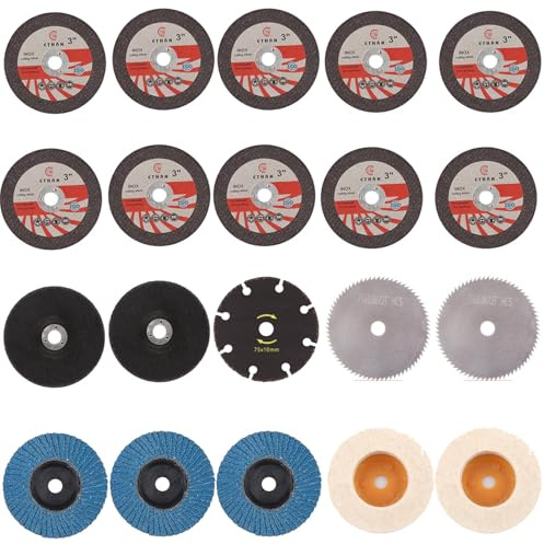 15 Pcs Trennscheibe 76mm, 3 Pcs Fächerscheibe 76mm, Trennscheiben 76 x 10 mm, 2 Pcs 75x10 mm Filzpolierscheiben， Trennscheiben Set für Mini-Winkelschleifer, Schneiden, Polieren, Schleifen von Metall