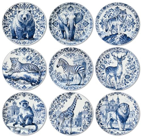 ANATTASOUL Wood Coasters Set of 9 for Drinks Blue and White Porcelain with Animals Colorful Wooden Cup Mat for Coffee Table Decor, 3.9 Round Desk Coasters for Home, Apartment, Office, Bar Gifts