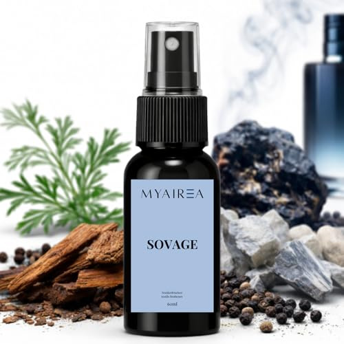 MYAIREA Textilerfrischer Spray Sovage 60 ml - Geruchsneutralisierer inspiriert von edelem Parfumduft - Für Kleidung, Sofa, Vorhänge & Auto - Hochwertiges Duftspray gegen Gerüche