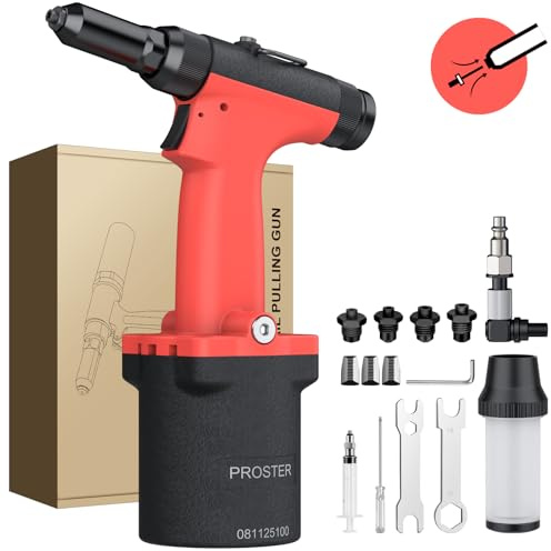 Proster Remachadora Neumatica Autoaspirante Pistola Remachadora de Aire 1000KGF con 360°Conector de Aire Giratorio y 4 Tamaños de Boquilla 2,4-4,8mm para Mantenimiento Automotriz, Talleres