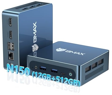 BMAX Mini PC W-11 Pro, Intel Twin Lake N150 (Aufgerüstet N97/N95, bis zu 3,6GHz), 12GB LPDDR5 RAM 512GB SSD Mini Computer, Dual Display 4K@60Hz UHD, WiFi, BT, RJ45, Büro/Zuhause/Schule