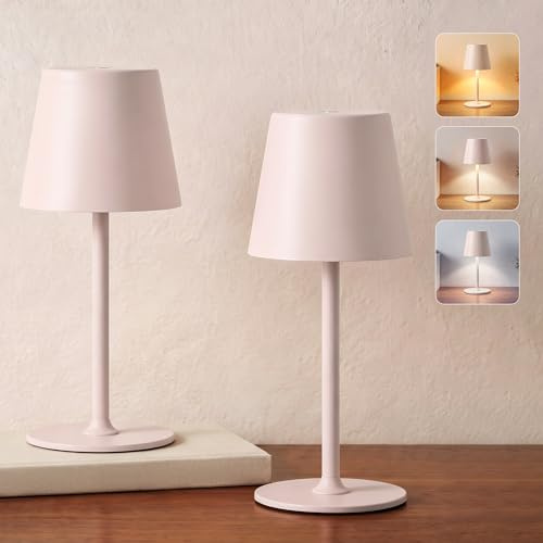 UPXNBOR LED Tischlampe Kabellos 2er Set, Tischleuchte für Outdoor Indoor | Akku Nachttischlampe Touch, Stilllicht, 3 Farbmodi & Stufenlos Touchdimmbar, 2 Höhen, Vollmetall, IP54, 5300 mAh, Rosa-Beige