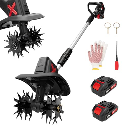 SHALL 21V Motozappa elettrica , completa di 2 batterie e caricabatterie,Area di lavoro: 22,8 cm x 16,8 cm, ideale per la lavorazione di prato, giardino e terreno