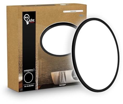 B.K.Licht - LED Deckenlampe mit indirektem Licht, Flach, Neutralweißes Licht, IP44, Panel, LED Lampe, Deckenleuchte, Badezimmer Lampe, Wohnzimmerlampe, Küchenlampe, 42x3cm, Schwarz