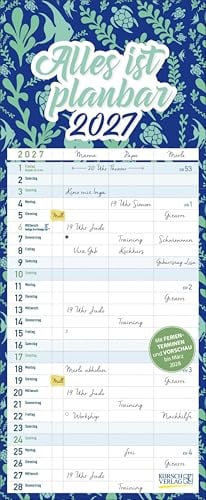 Familientimer Alles ist planbar 2027: Familienkalender, 3 Spalten. Familientimer mit Ferienterminen, extra Spalte und Vorschau bis März 2027. Kleines Format: 14 x 34 cm