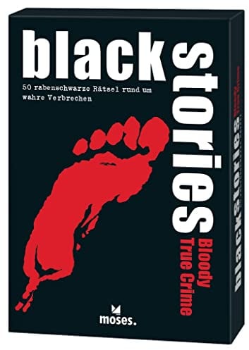 moses 52068 Black Stories Bloody True Crime-50 rabenschwarze Rätsel rund Verbrechen-Das Krimi Kartenspiel, 100% wahre Geschichten