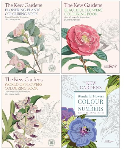 Kew Gardens Arts & Activities Series Collection 4 Books Set (Flowering Plants Colouring Book, Beautiful Flowers Colouring Book, World of Flowers Colouring Book & Wonderful Flowers Colour-by-Numbers)