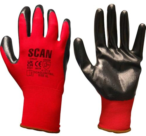Scan SCAGLONITBL Nitrile Coated Knitted Gloves - Red 13G - Size 9