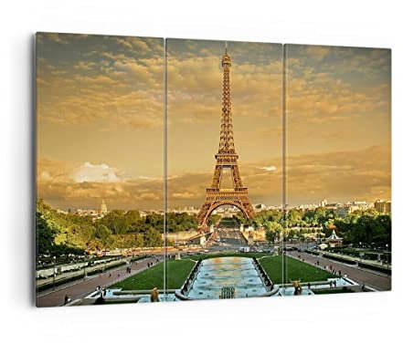 Bilder auf Leinwand 165x110cm Leinwandbild Eiffelturm Frankreich Paris Groß XXL Wanddeko Bild Schlafzimmer Set 3 teilige Wandbilder Dekoration Wohnzimmer Canvas Wand Kunstdruck Art CE165x110-0435
