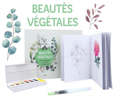 Coffret Beautés végétales - 30 illustrations à peindre à l'aquarelle: Un carnet avec des feuilles détachables, une palette de 12 couleurs et un pinceau réservoir