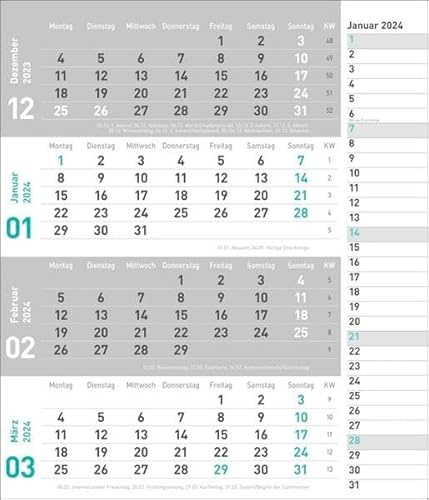 tm 4-Monats-Planer türkis 2024. Praktischer Wandplaner mit Datumsschieber. Büro-Kalender mit Notizspalte und Jahresübersicht. Wandkalender 2024 fürs Büro. 30 x 35 cm.