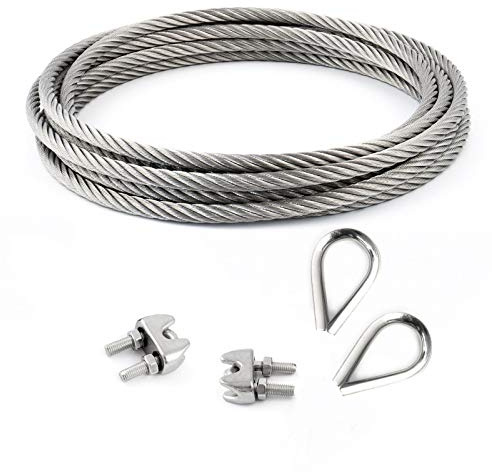 DQ-PP STAHLSEIL SET | 2mm | 100m | 2 x Seilklemmen Bügel 2mm | 2 x Kauschen 2mm | Edelstahl INOX | 7x7 mittelweich | Drahtseil für Rankhilfe Rostfrei Seil Stahl Draht Forstseil Windenseil Spannseil Geländerseil