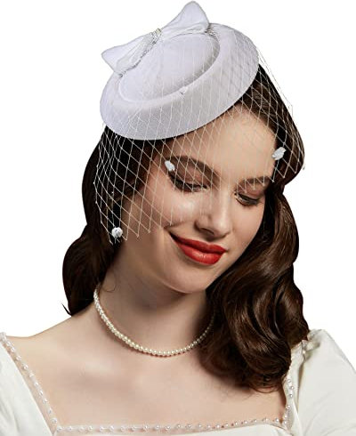 Fascinators Hüte 20er 50er Jahre Hut Pillbox Hut Cocktail Tee Party Kopfbedeckung mit Schleier für Mädchen und Frauen, C-weiß, Einheitsgröße