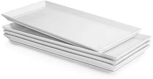 Sweese White Serving Platters, Porcelain Serving Trays for Parties, Large Rectangular Plates - 15.5 Inch, Set of 4