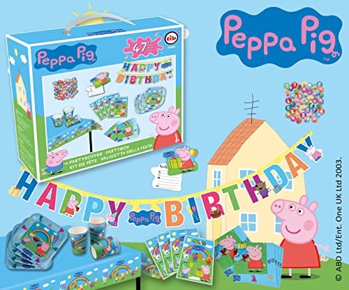 TIB Heyne 19850 - Partykoffer Peppa Pig, 47 Teile, Partygeschirr und Dekoration, Kindergeburtstag